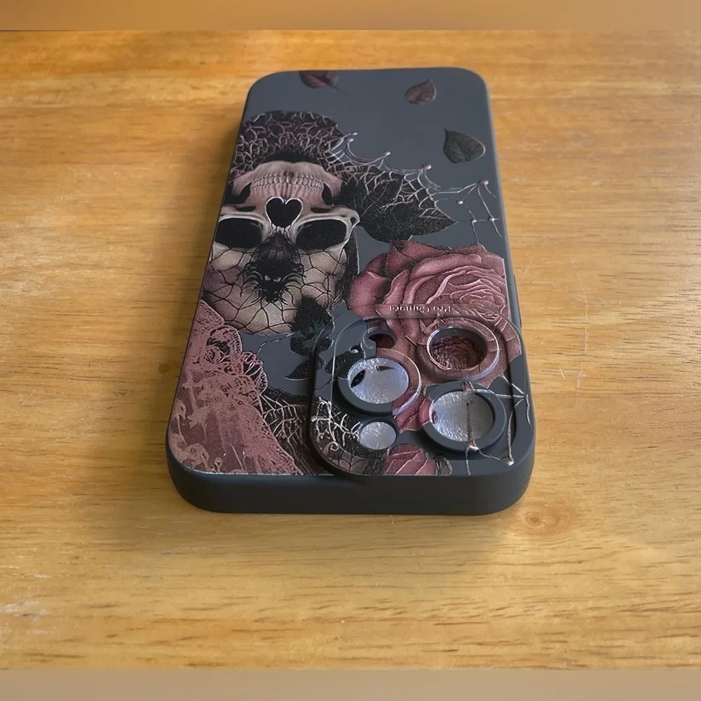 Black Skull and Flower Phone Case Available for iPhone 13 & iPhone 15 Pro Max - Picture 3 of 5